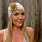 Wide Stretch Lace Headband in Ivory Cream (off white) with Detachable Flower Brooch in Gold Tones