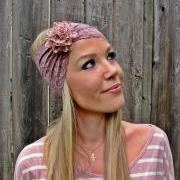 Wide Stretch Lace Headband in Taupe Mocha Brown with Detachable Flower Brooch in Pink Floral Print