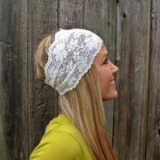 Wide Stretch Lace Headband in Ivory Cream (off white)