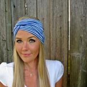 Vintage Turban Style Stretch Jersey Knit Headband in Nautical Blue Stripe- Multi Ways to Wear