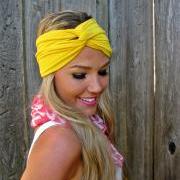 Vintage Turban Style Stretch Rayon Jersey Knit Headband in Sunshine Yellow- Multi Ways to Wear