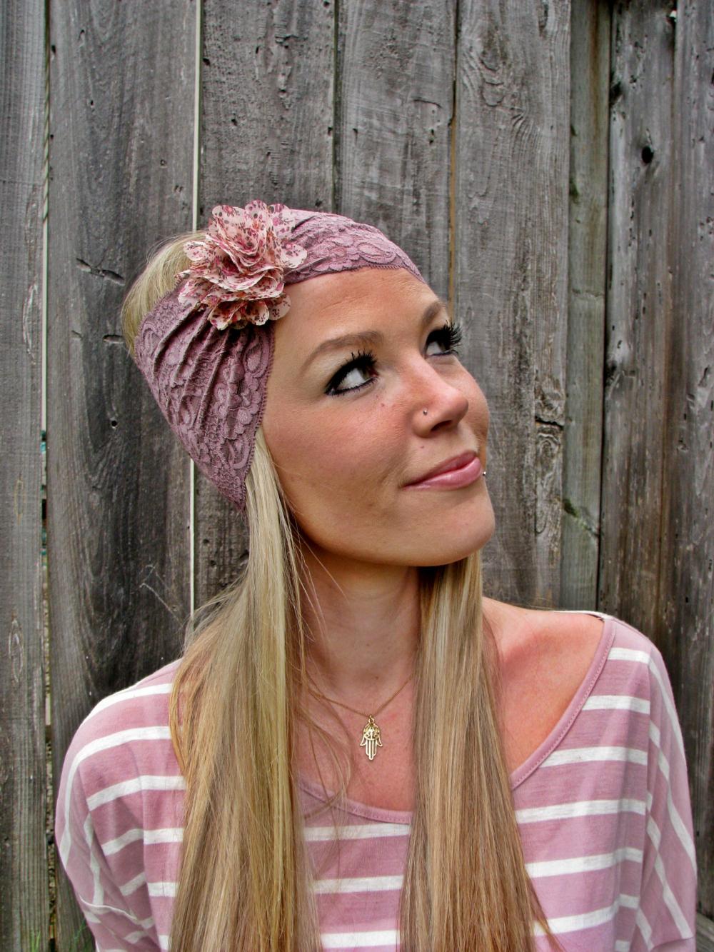 Wide Stretch Lace Headband In Taupe Mocha Brown With Detachable Flower ...