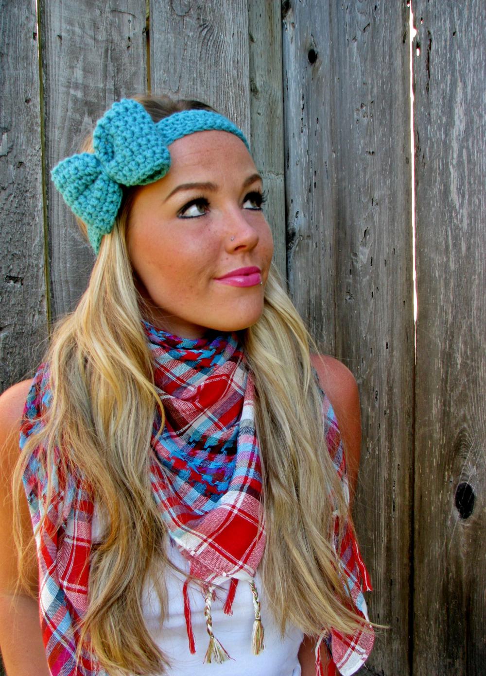 Tahitian Turquoise Bow Headband With Natural Vegan Coconut Shell Buttons Adjustable on Luulla